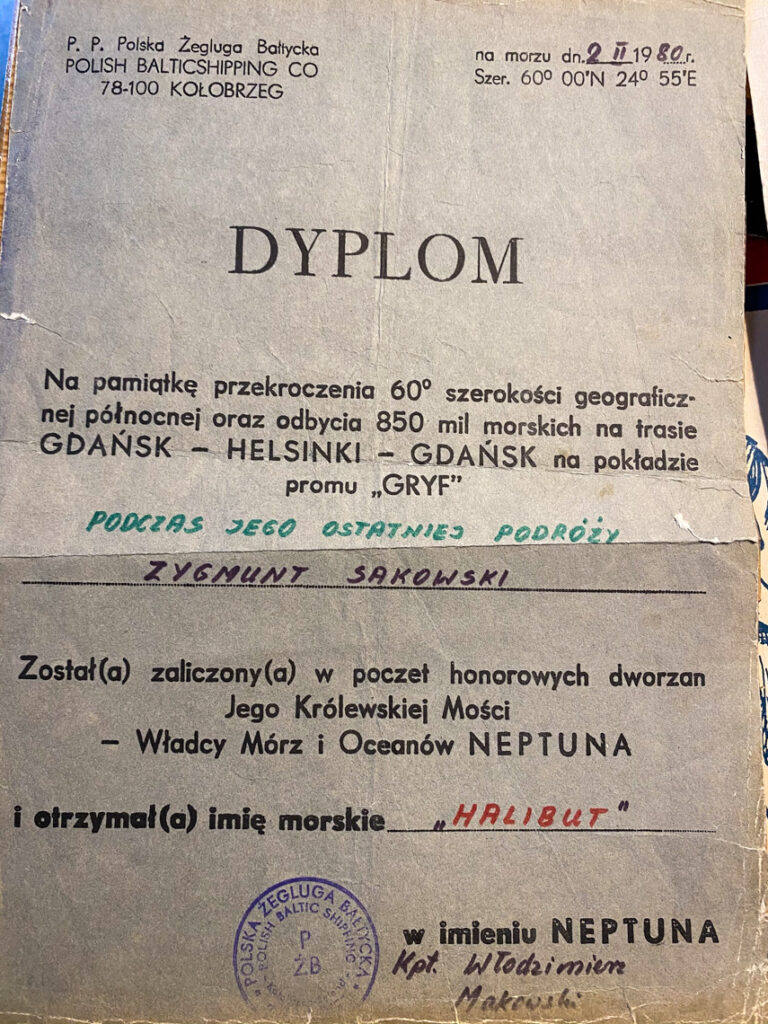 Dyplom na pamiątkę przekroczenia 60° szerokości geograficznej północnej oraz odbycia 850 mil morskich na trasie Gdańsk - Helsinki - Gdańsk na pokładzie promu "Gryf" podczas jego ostatniej podróży